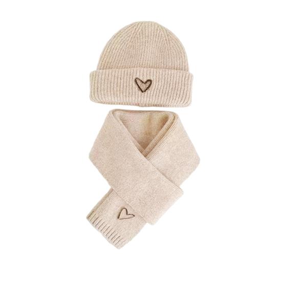 2Pcs/Set Kids Hat Scarf Set Solid Color Heart Pattern Thickened Warm Knitting Hat Long Scarf Set Elastic Fit Winter Wear