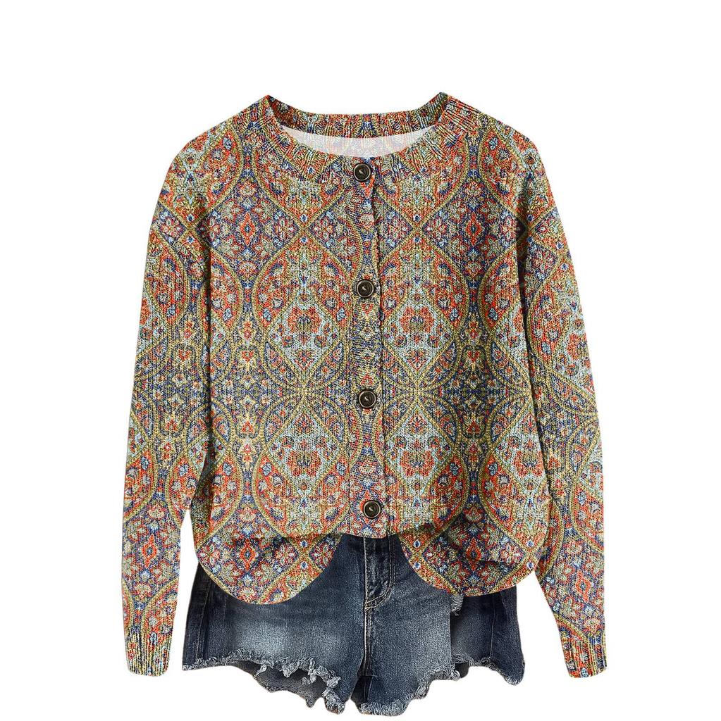 Women's Vintage Knit Button Vintage Print Cardigan Jacket