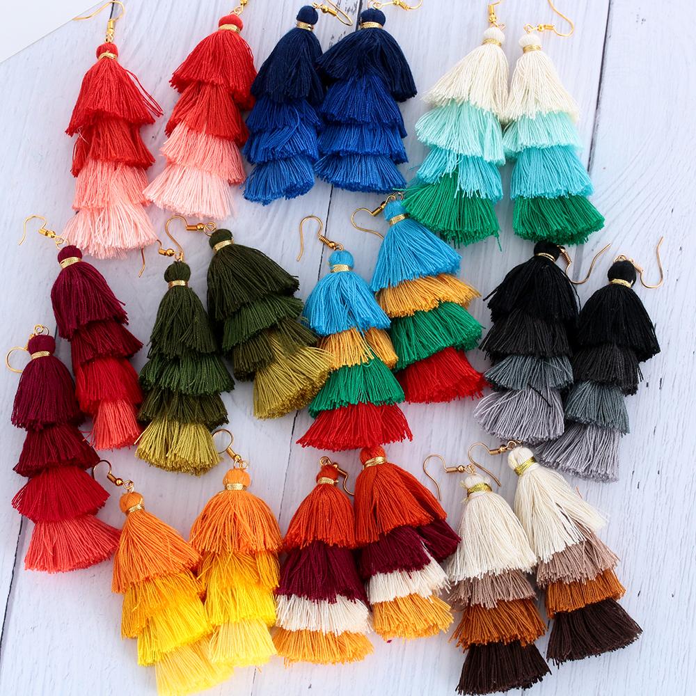 Stud Silk Fabric Boho Gradient Dangle Drop Earrings Multilayer Drop Long Tassel Earrings Bohemian