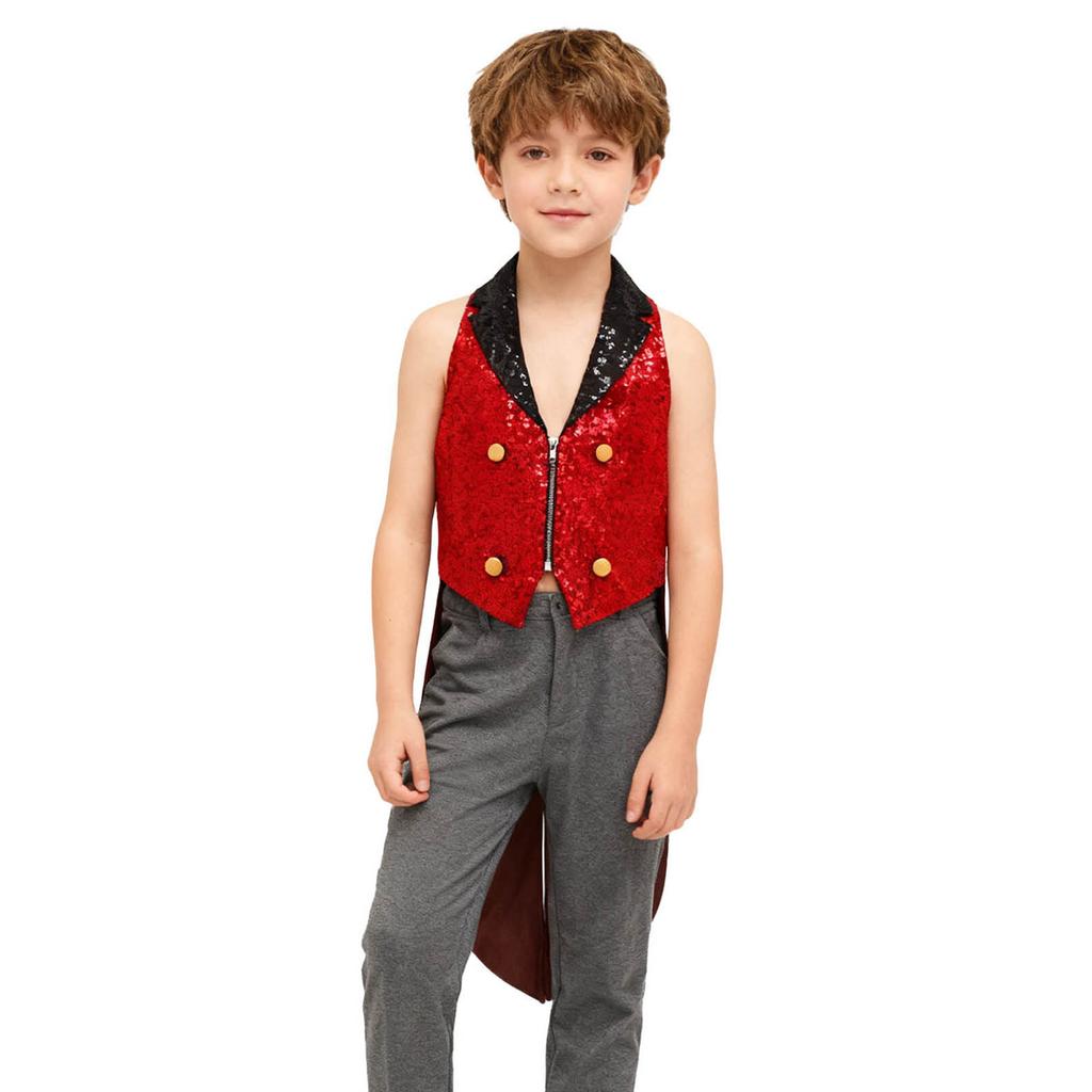 Boys Sparkly Sequins Medieval Vest Front Zip Victorian Waistcoat Circus Tailcoat Halloween Costume