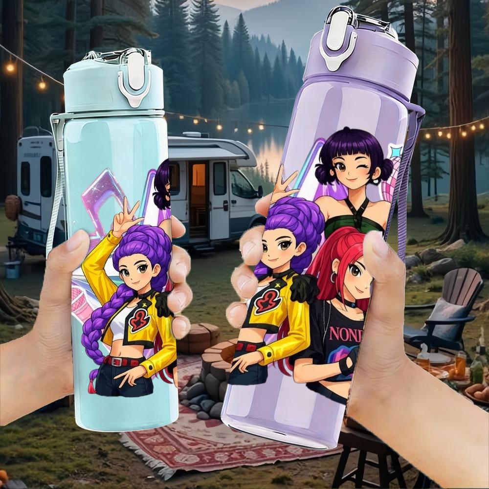 1PC Purple Hair Girls Group Art 750ml Color Plastic Sports Water Bottle Leakproof Flip Straw Lid Suitable for Sports Office Home Use
