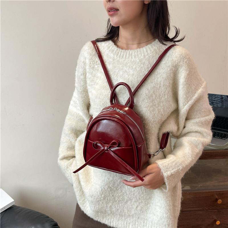 Cute Bow Solid Zipper Pu Backpack Women'S Simple Waterproof Bag Large Capacity Travel Backpack Girly Student School Bags