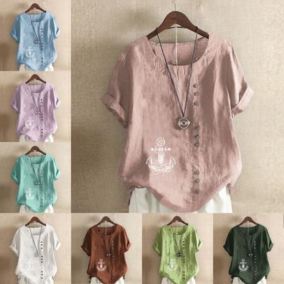 Женская модная футболка с круглым вырезом и коротким рукавом, повседневная хлопковая льняная рубашка с рисунком, свободная летняя блузка с принтом для отдыха, корабельный якорь, топы