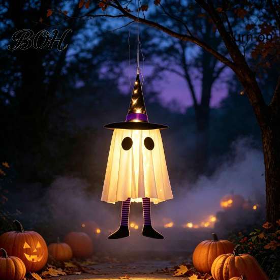 Eco Friendly Halloween Ornaments Hanging Ghost Decoration with Witch Hat And Leg, LED Lighted Spooky Whimsical Outdoor Figures Floating for