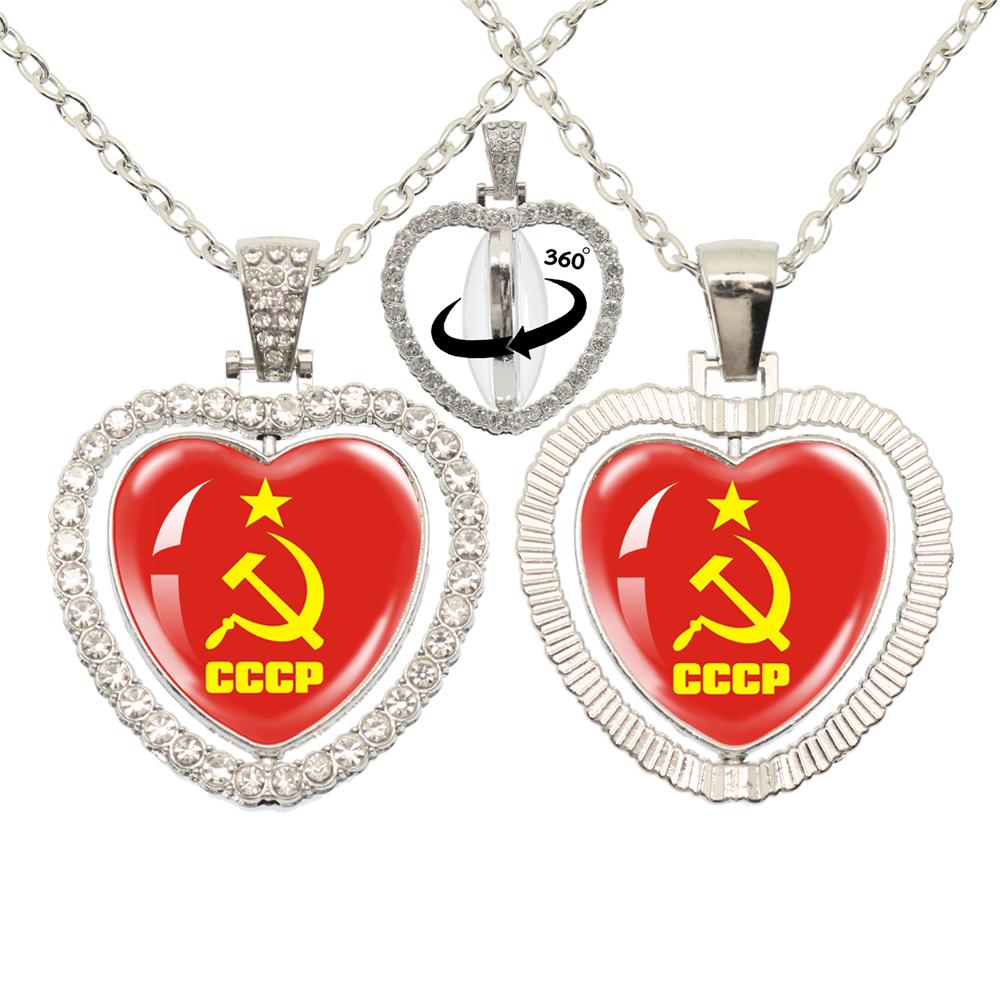 Vintage Ussr Soviet Badges Sickle Hammer Heart shaped Pendant Necklace Cccp Fashion 360 Degree Rotary Rhinestone Jewelry