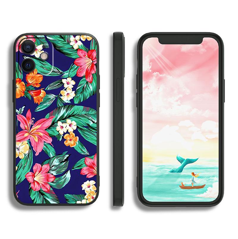 Красочные цветочные листья для Apple iPhone 11 12 13 Max Mini 7 8 X XR XS Pro Plus черный роскошный силиконовый мягкий чехол для телефона