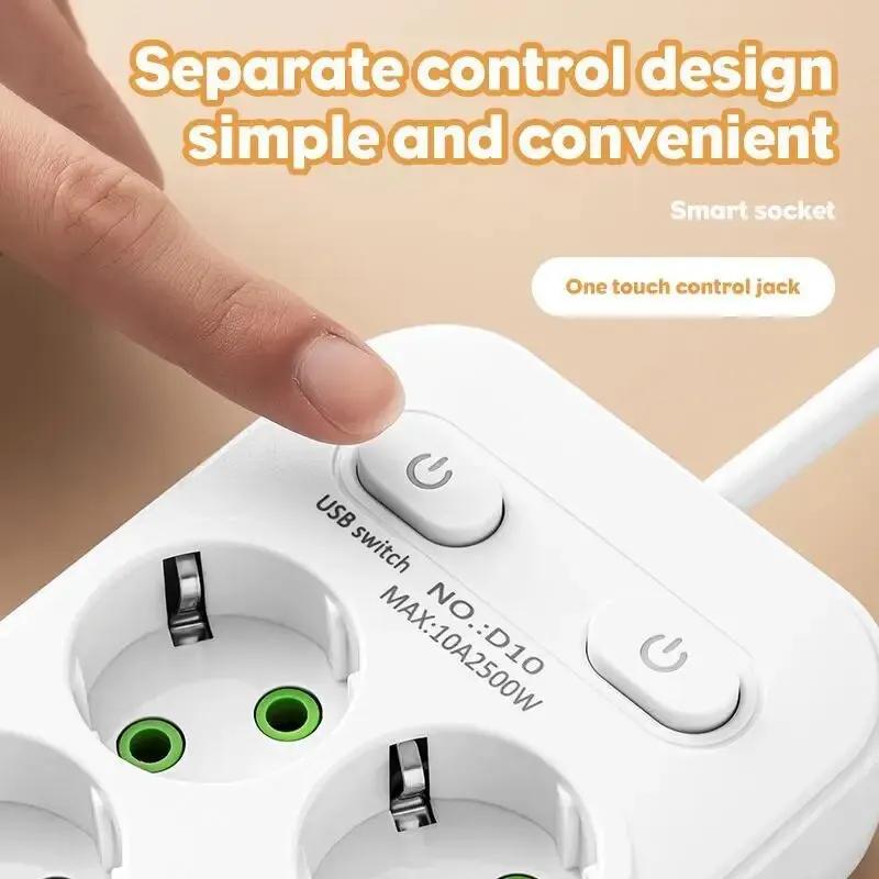 Розетка переменного тока с вилкой европейского стандарта, удлинитель переменного тока, 2 м, удлинитель, электрическая розетка, умный USB-фильтр для домашнего офиса, сетевой фильтр