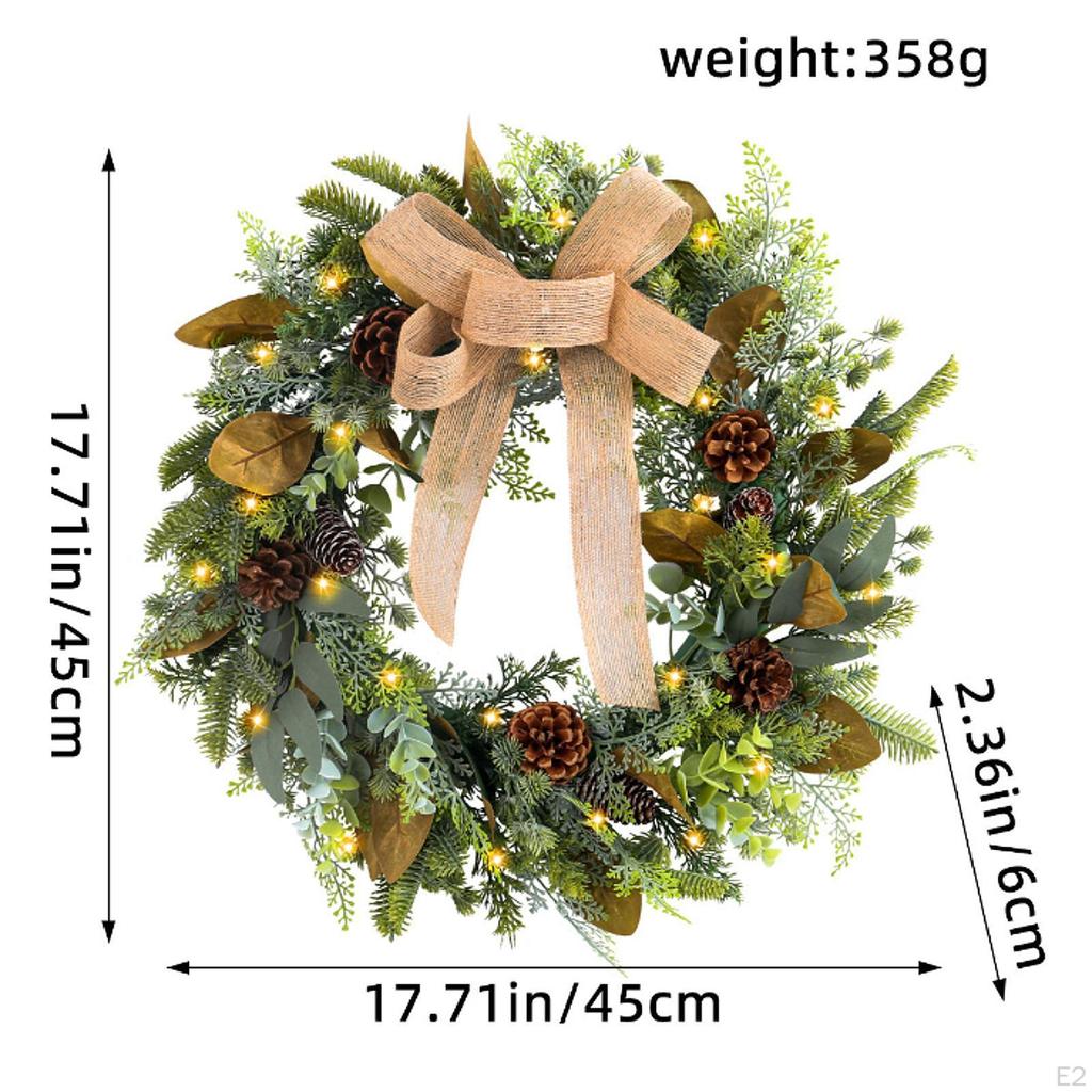 Christmas Wreath with Lights Artificial Decorative Front Door Decorated Bowknot