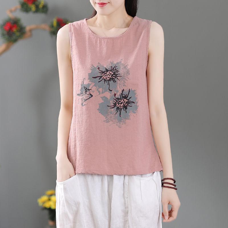 Модные женские свободные хлопковые льняные майки с цветочным принтом и принтом