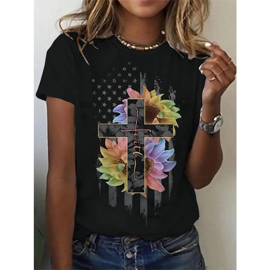 Женская футболка с цветочным принтом - Ярко-желтая и синяя ромашка, круглый вырез, короткий рукав, всесезонный повседневный топ, женские футболки