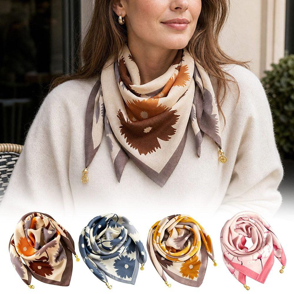 Lightweight Silk Scarf Magnetic Buckle Floral Neck Kerchief Square Scarf Necklace Travel Wear