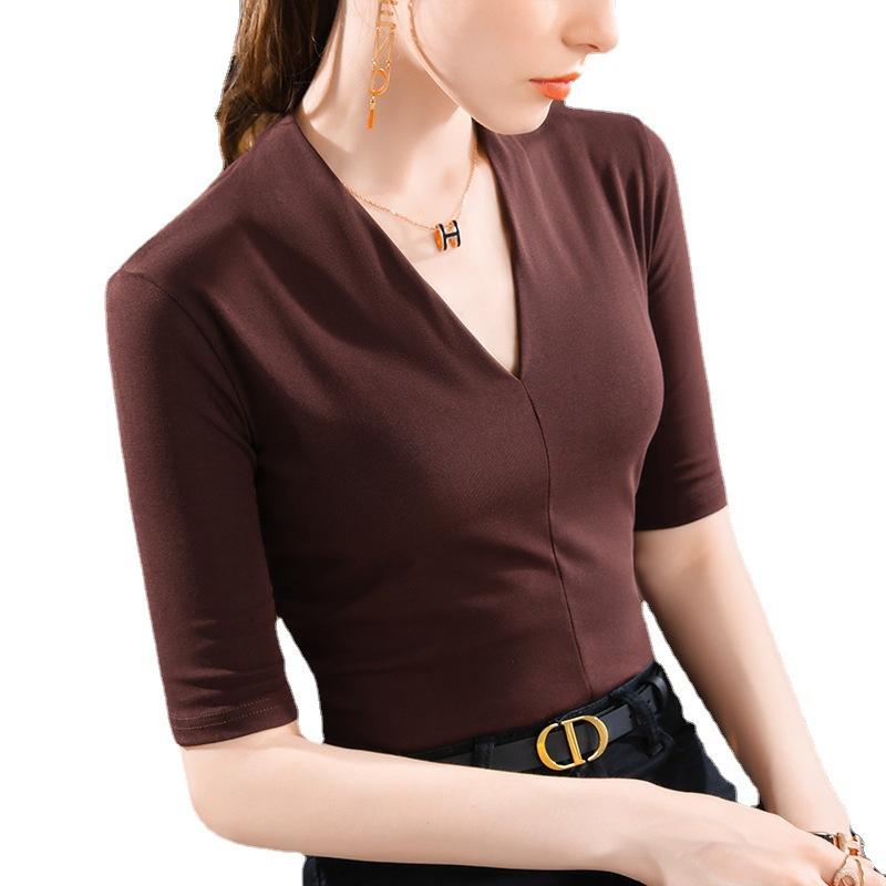 New mid-sleeve women's t-shirt 2026, elegant V-neck inner layer, stretchy base shirt, slim-fit waist top