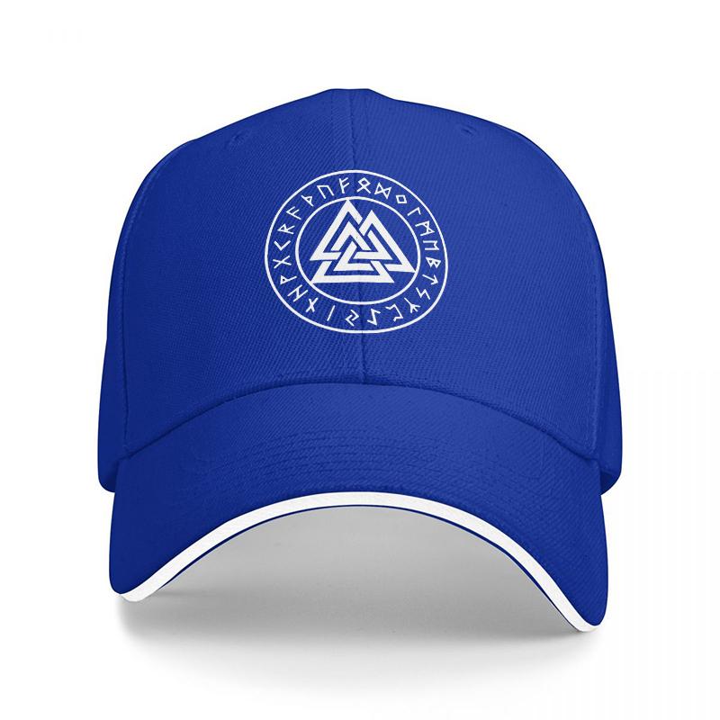 Valknut Symbol Nordic Runes Black Baseball Cap with White Trim and Triangular Knot Design for Unisex and Women Streetwear Style