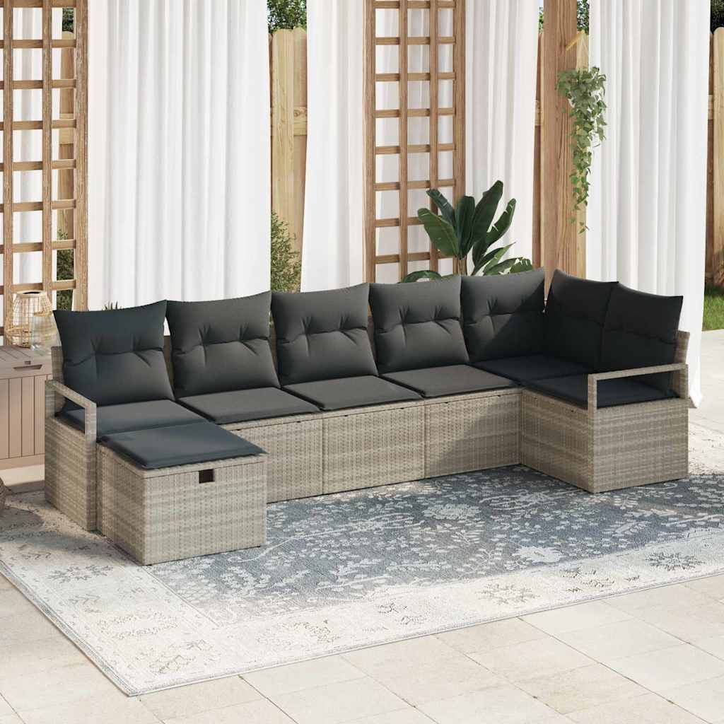 7 Piece Sofa Set with Cushions and Storage Light Grey Poly Rattan