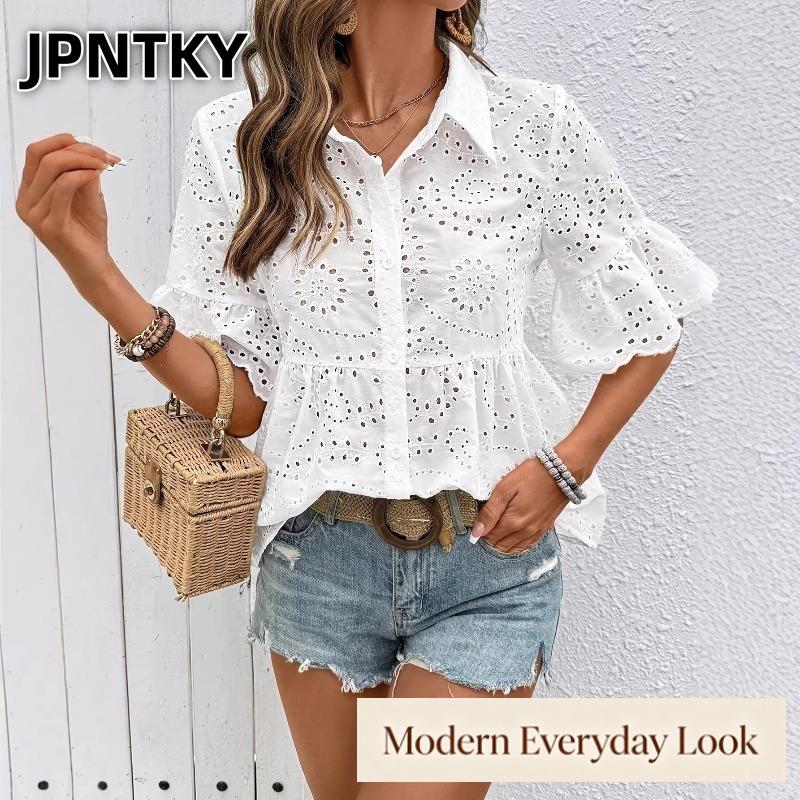 Женская модная повседневная блузка-рубашка JPNTKY, однотонная, с принтом, с коротким рукавом, с воротником-поло