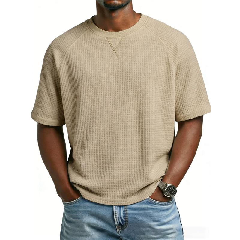 Men Casual T Shirt Waffle Knit Loose Fit T Shirts for Man Solid Color Short Sleeve Tee Oversized Fit Textured Fabric Crew Neck