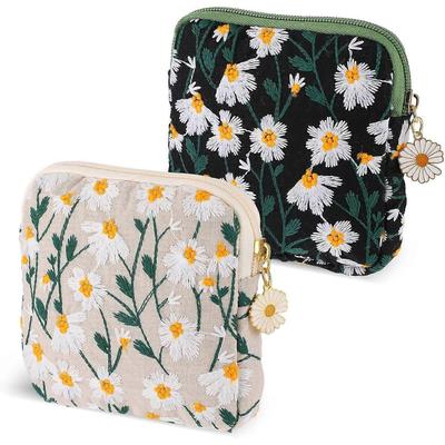 2 Pcs Daisies Sanitary Napkin Storage Bag, Embroidery Menstrual Cup Pouch Cotton Soft Period Holder Bag Portable Tampon Holder Pad Pouch Period Kit Ba
