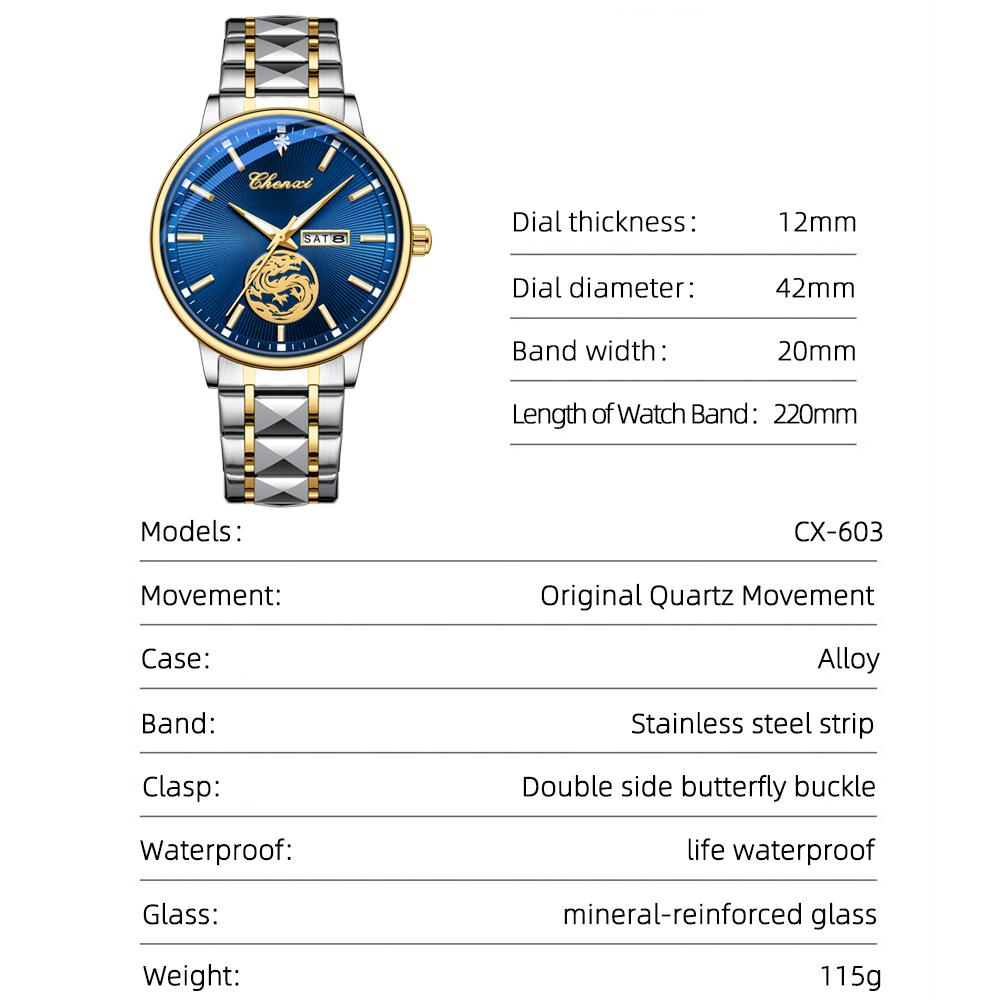 Chenxi Luxury Watch Men Golden Dragon Pattern Stainless Steel Fashion Quartz Wristwatches Curved Mirror Watches For Men Business