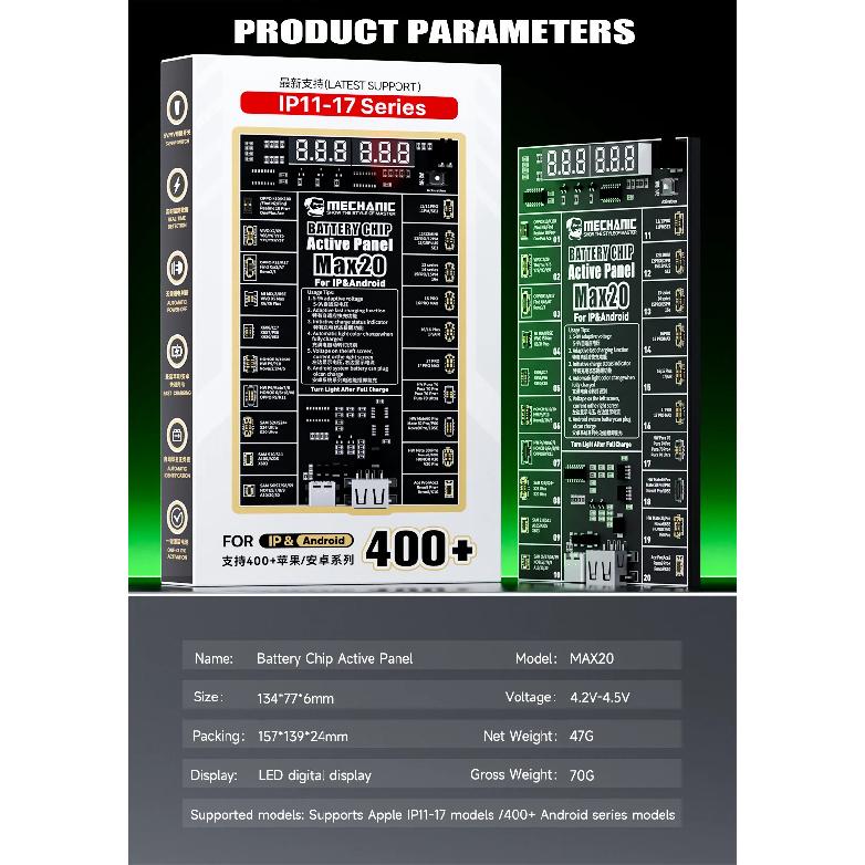 MECHANIC MAX20 Battery Chip Active Panel for IP 11-17 Pro Max Android Battery Activation Tool Circuit Board Charging Tester