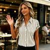 Женская рубашка с опущенными плечами, короткие рукава, планка на пуговицах, полосатый принт, летняя рубашка, свободный крой, мягкий эластичный топ, для повседневной носки