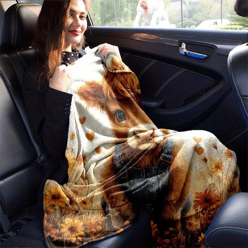 1pc Highland Cow Printing Lightweight Flannel Blanket, Comfortable and Warm Blanket, for Camping Sofa Bed and Couch Office, Suitable for Gift