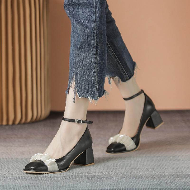 Leather flat for Huizhou women's shoes grape mother same high heels French new thick heel Mary Jane shoes women