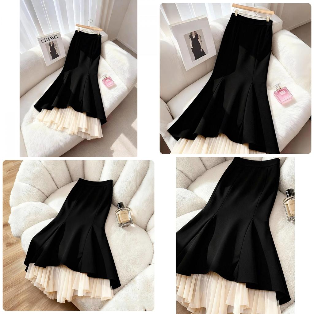 Modern Cotton Blend Womens Long Skirt With Wave Hem And Ruffle Details For Spring Fashion
