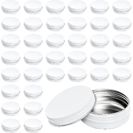 Foraineam 48 Pack 2 oz White Lip Balm Tin Cans, Aluminum Round Cosmetic Sample Containers with Screw Lid, Storage Travel Tin Jars Metal Empty Tins