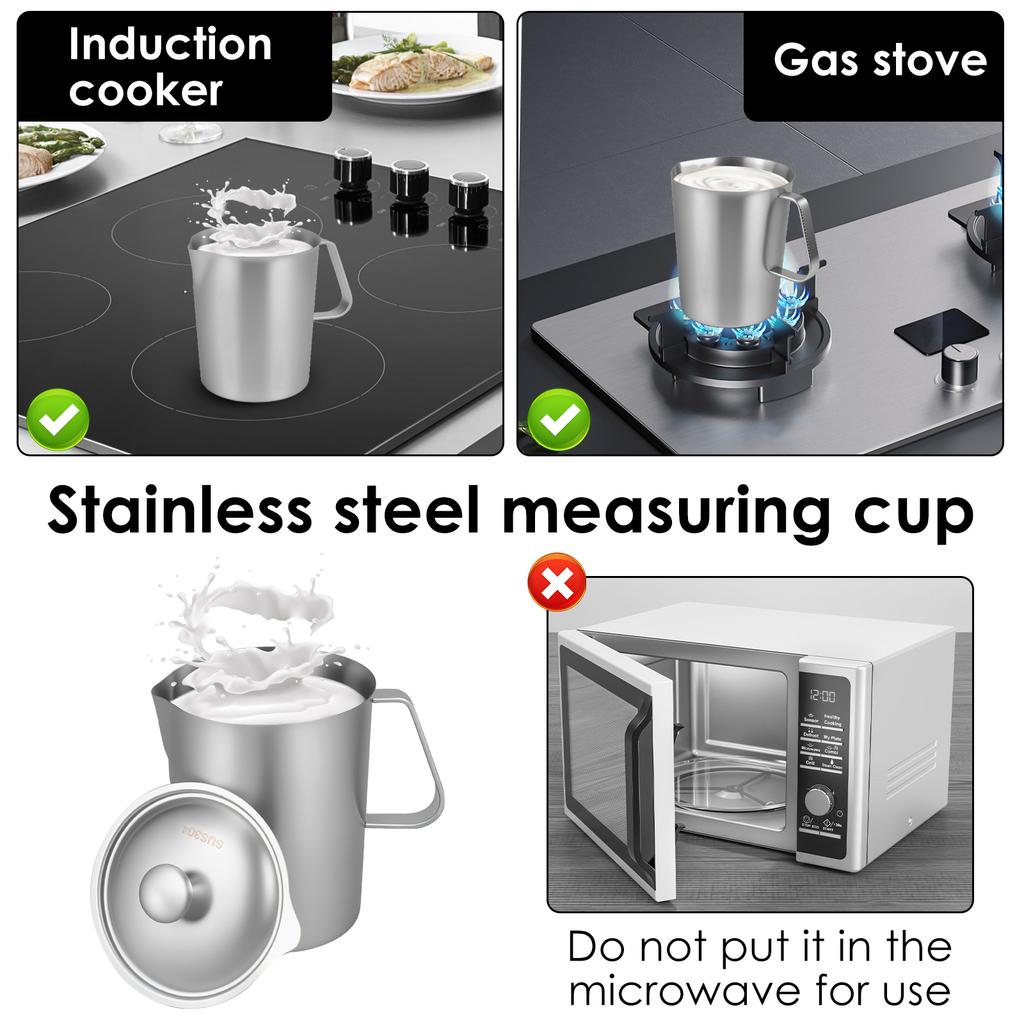 Кувшин для вспенивания молока из нержавеющей стали с ручкой и крышкой, не ржавеющий, с широким горлышком, металлический мерный стакан с четкой маркировкой для дома