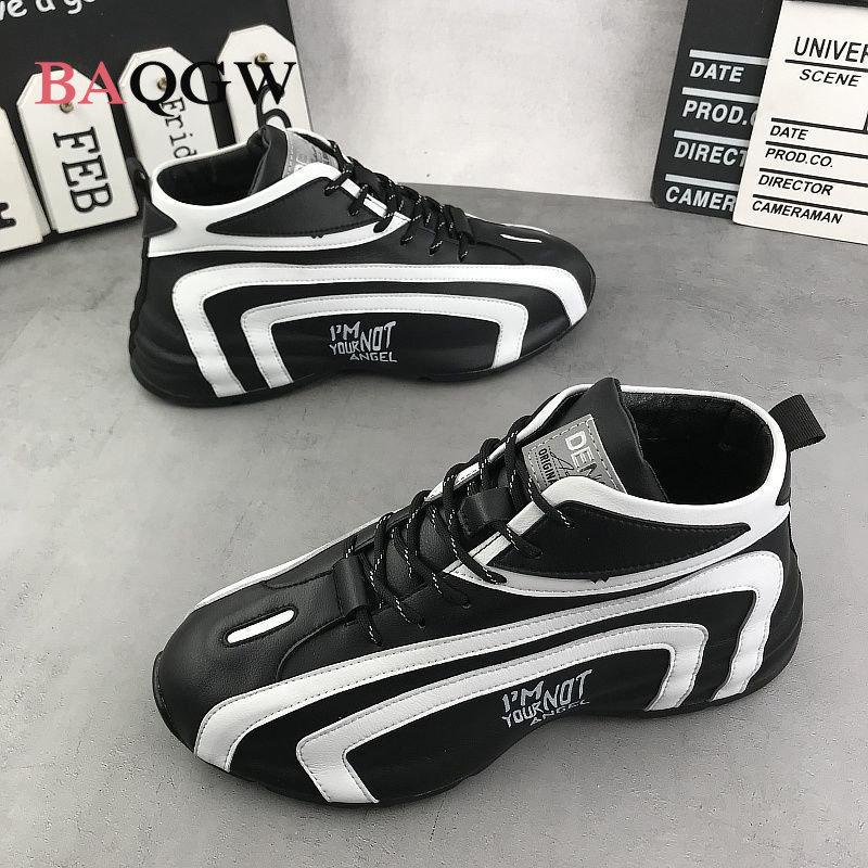 Осень-зима полосатый дизайн высокие мужские туфли повседневная мода кожаные водонепроницаемые толстые кроссовки увеличенная платформа кроссовки