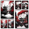 Japanese Natural Scenery Poster Prints Abstract Red Tree And Pavilion Landscape Canvas Painting Wall Art For Living Room Decor