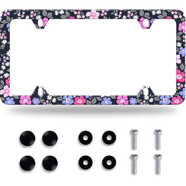 Watercolor Purple And Pink Hibiscus Flowers License Plate Frame License Plate Stainless Steel Parts Colorful License Plate Decorative With Screws