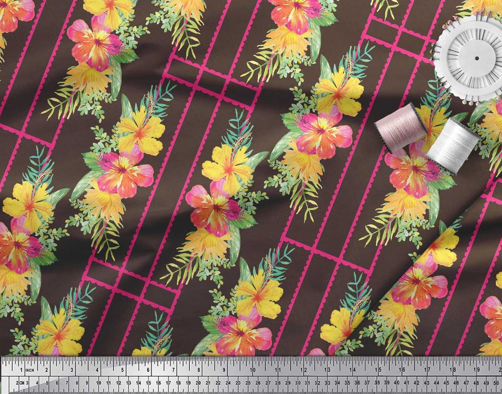 Soimoi Brown Poly Crepe Fabric Geometric & Floral Print Print Fabric By the Metre 42 Inch