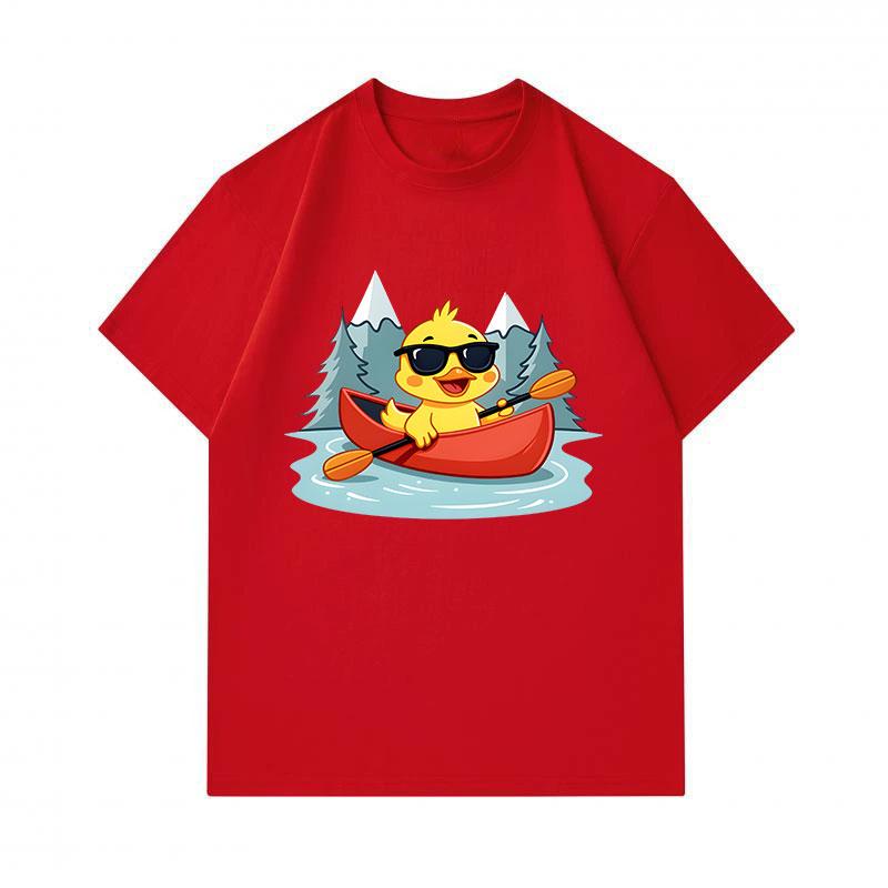 Men's 100% Cotton Crew Neck Short Sleeve T-Shirt, Cute Cool Yellow Duck Paddling Canoe Mountain Lake Print Casual Breathable Summer Tee for Daily Outd