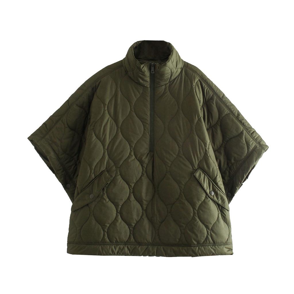 Autumn and Winter New Women Standing Neck Loose Medium Sleeve Diamond Quilted Waterproof Cloak Coat