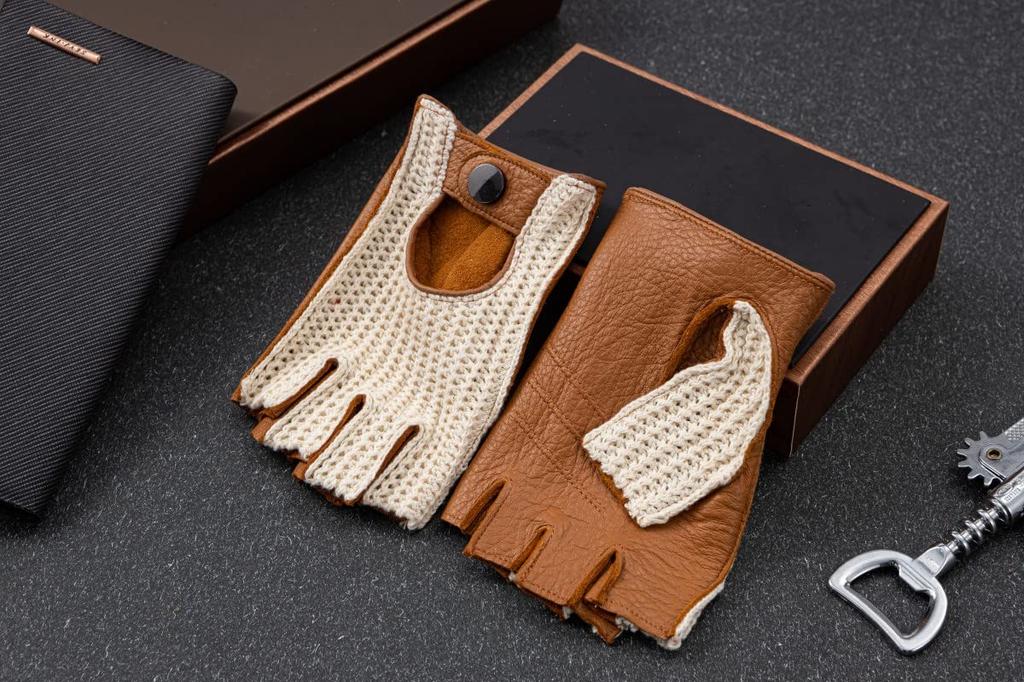 NappaNovum Deerskin Leather Crochet Driving Large Cord-Back Gloves, Camel,