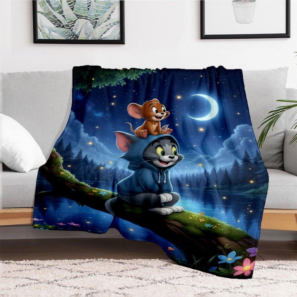 "Tom & Jerry Night Adventure Hoodie"Blanket Flannel Throw Blanket for Sofa, Bed, Travel, Camping, Office