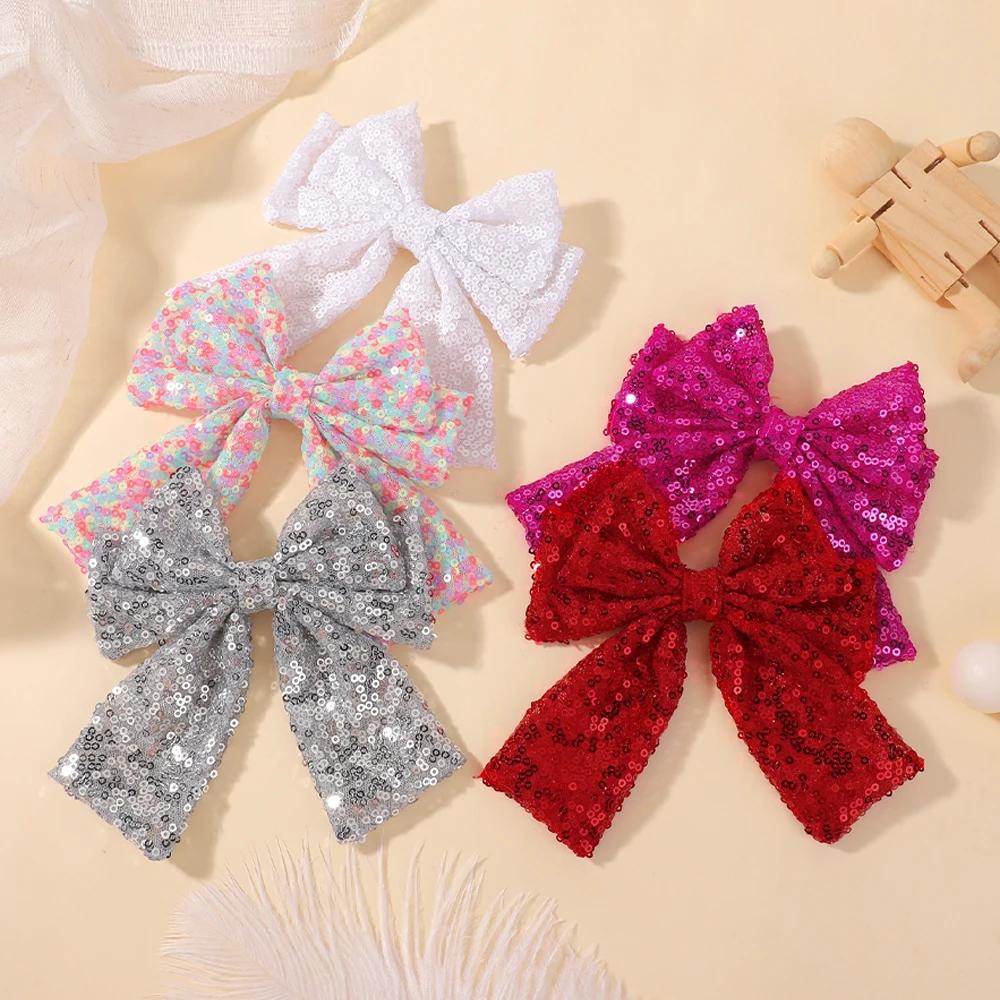 Baby Girls Christmas Glitter Sequins Big Bow Hair Clip 4.9'' Bowknot Hairpins Sweet Cheerleading Festival Headwear