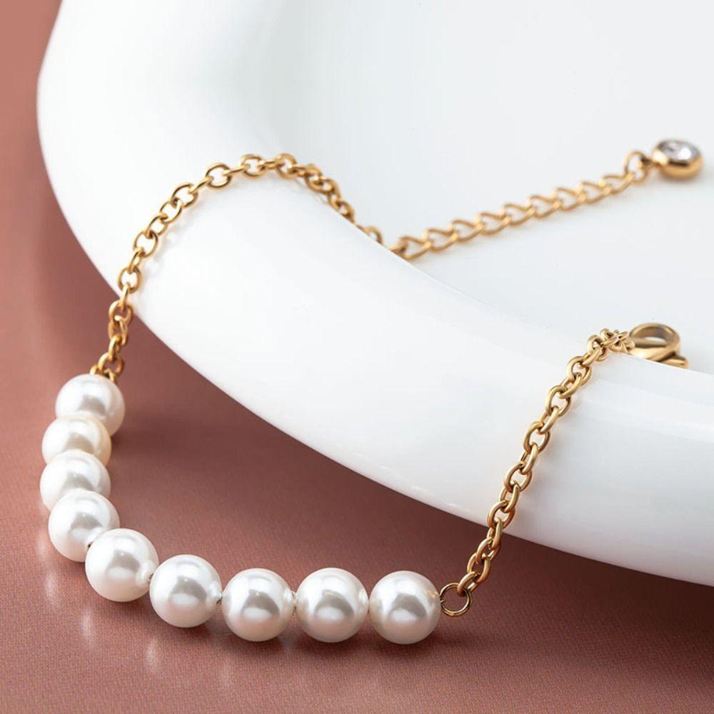 Steel Chain Pearl Bracelets Gold Color Beads Bracelets Dainty Simple Thin Pulseras  Woman Girl
