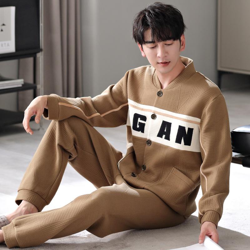 Пижама мужская весенне-осенняя из чистого хлопка, утолщенная, с длинным рукавом, большого размера, с хлопковой подкладкой, с воздушной хлопковой прослойкой, осенне-зимний комплект домашней одежды