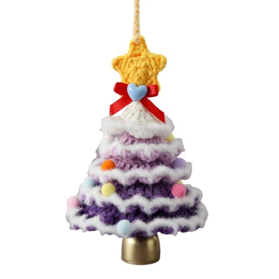 Handmade Mini Knitted Christmas Tree Ornament Multi-Layered Crochet Snow Flocked Tree with Gold Bells And Star Top for Christmas Home Decor