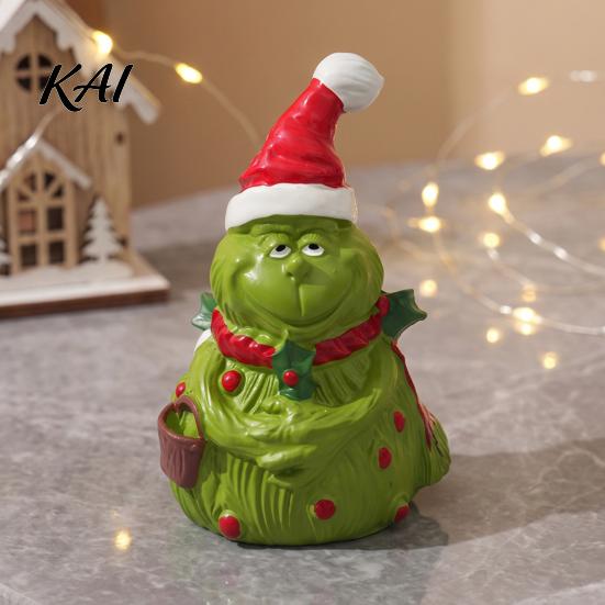 Micro Landscape Accessories Christmas Green Monsters Ornament with Santa Hat And Scarf, Resin Frog Small Sculptures Figurine for Home Decoration,