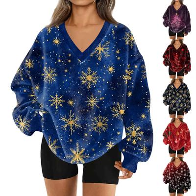 Женская модная повседневная толстовка с длинным рукавом и V-образным вырезом с рождественским принтом