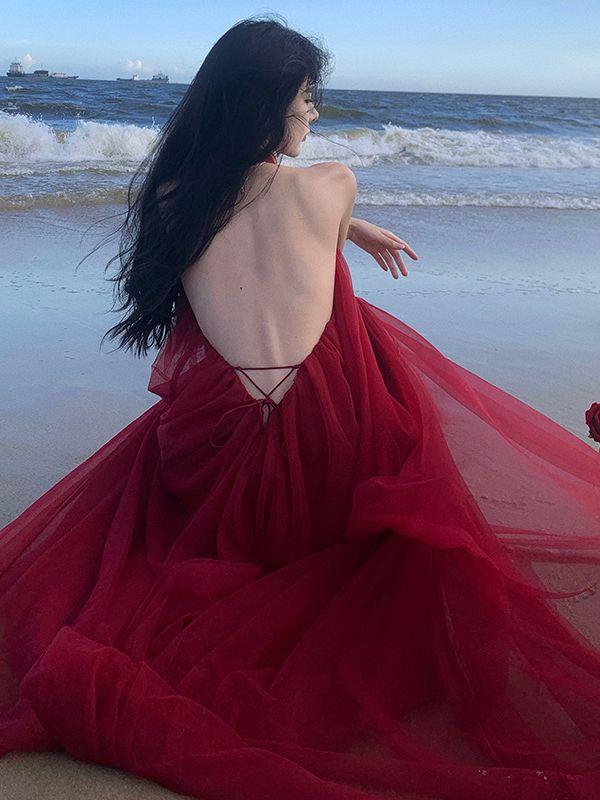 Фея Сетчатое Платье на Шею Платье с Открытой Спиной Платье для Свадебного Тоста Платье для Выхода Свадебная Сетка Утреннее Платье Женское Длинное Платье