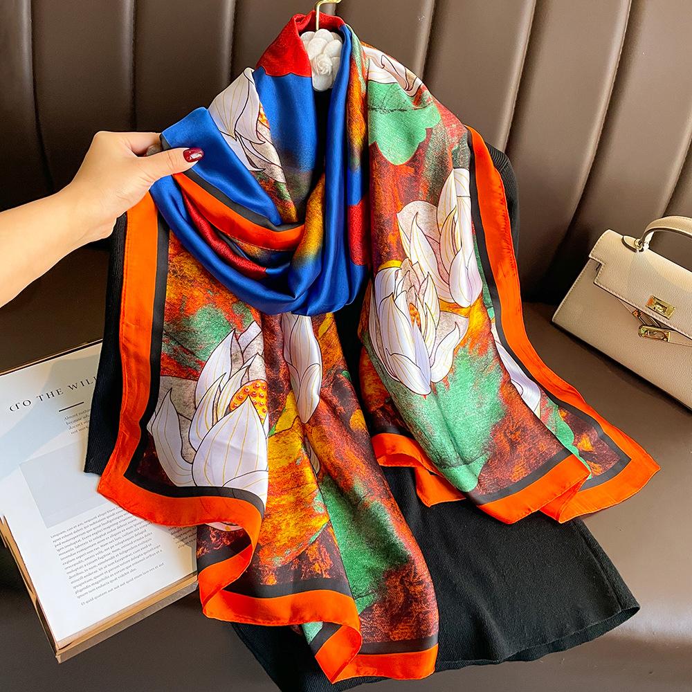 New Silk Scarf New Silk Satin Printed Shawl Holiday Fashion Sunscreen Long Section Simulation Silk Scarf