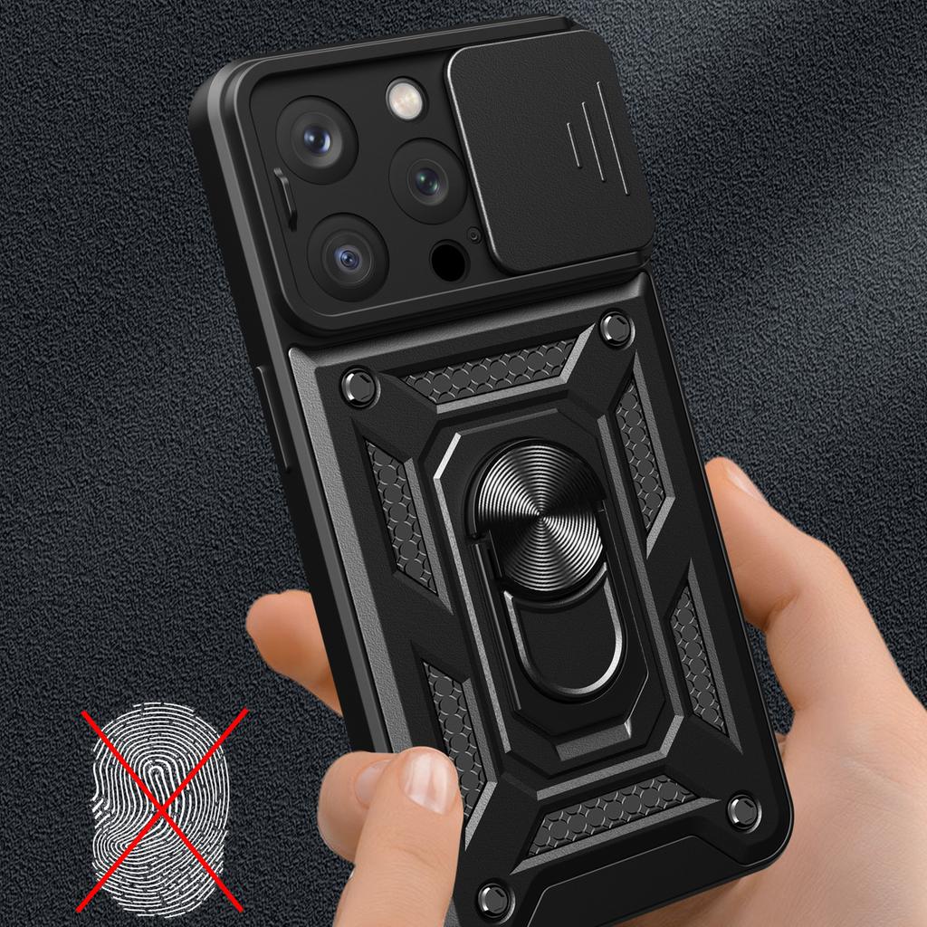 Rugged Stand Case with Camera Cover for iPhone 15 Pro Max - Black Hybrid Armor Camshield