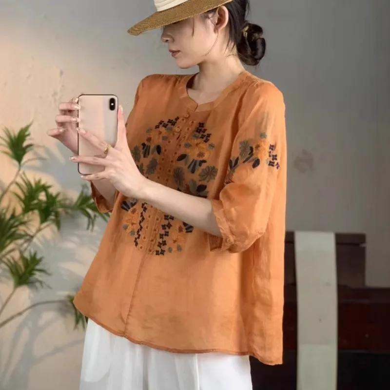 Johnature Женские винтажные вышитые цветочные рубашки, топы с круглым вырезом и коротким рукавом, летние женские рубашки