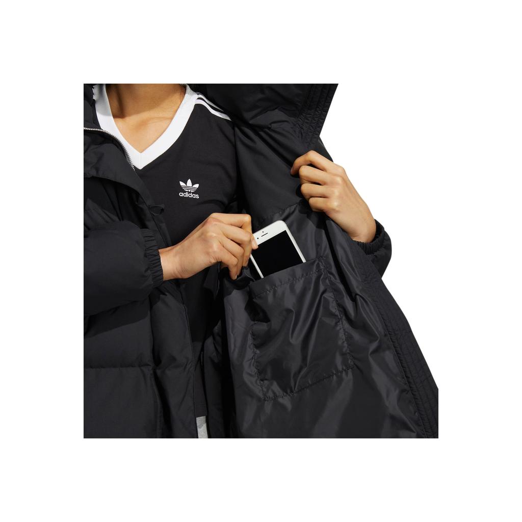 Adidas Originals Premium Down Brand Logo Embroidered Long Hooded Down Jacket Women Outerwear Black HS9528