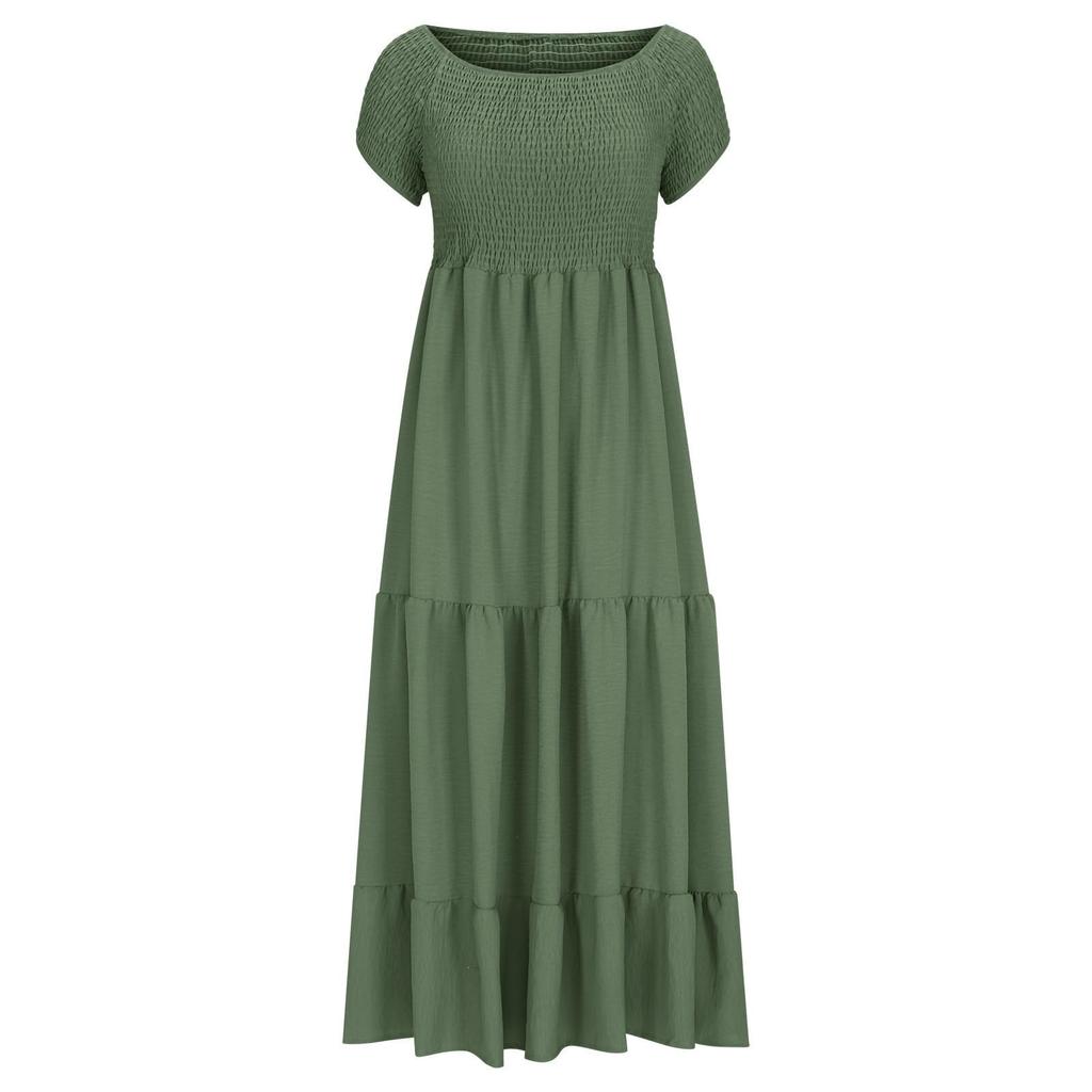 Women's Fashionable Solid Color Pleated Layered Short Sleeved Large Hem Dress