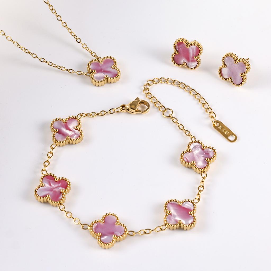 3PCS Clover 18K Gold Plated Non Fading Necklace, Bracelet, Earrings, Jewelry Set